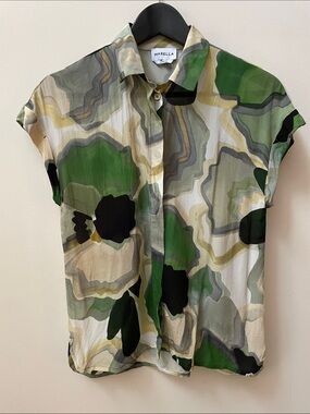 MARELLA SILK Green Black Cream  Short-Sleeve Blouse